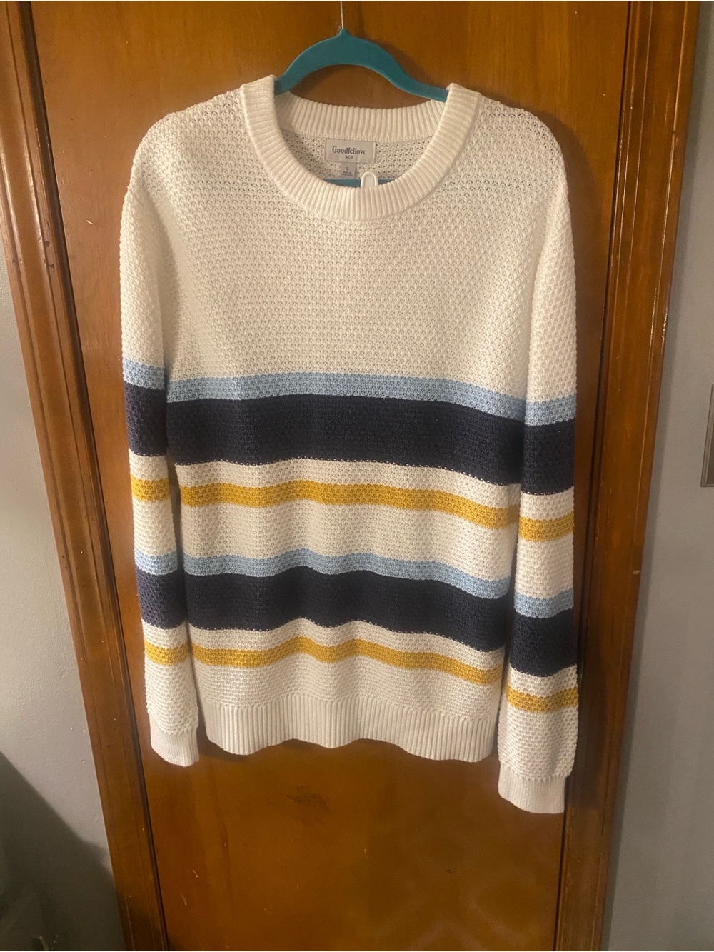 Goodfellow & Co Cream Crewneck Sweater with Navy, Light Blue & Gold Stripes
